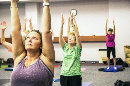 A yoga session in the Decatur Public Library's Madden meeting room